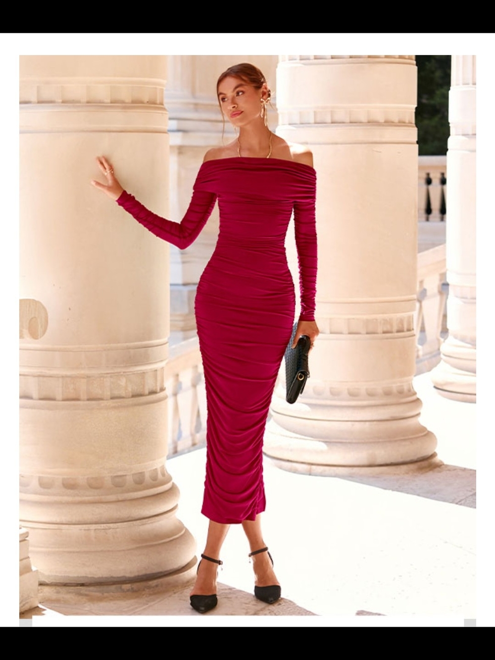Off-Shoulder Ruched Midi Dress in Red